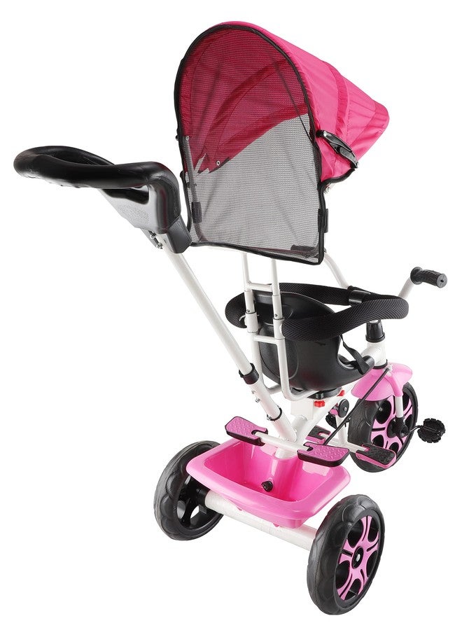 JoyRide 4 in 1 Convertible Baby Tricycle Toddler Stroller Pedal Tricycle w/Reversible Seat Adjustable Removable Handle Canopy Handrail Belt Storage Footrest for 1-5 Years Old (Pink) - Image 4